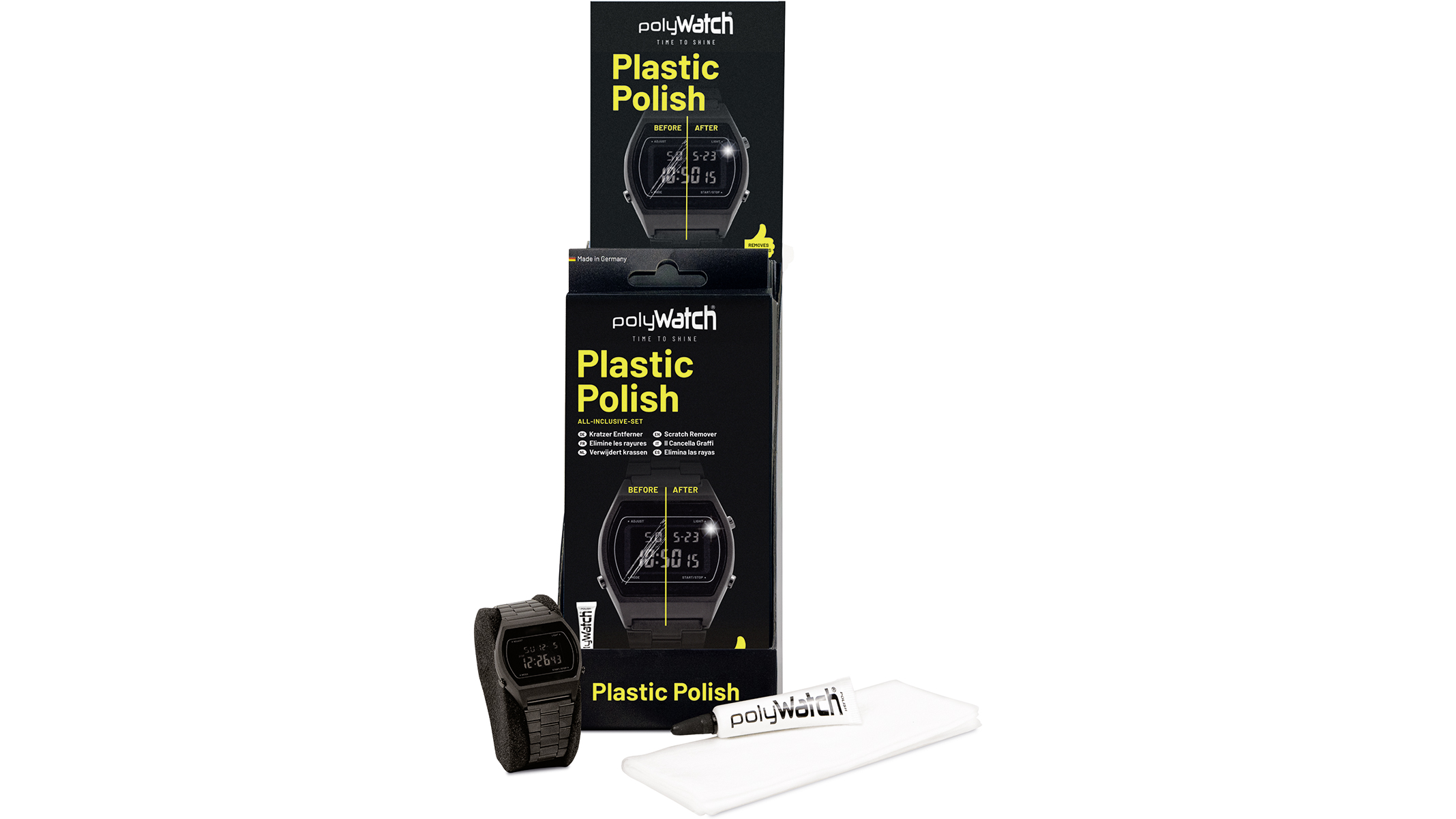 polyWatch Plastic Polish, sales display, plastic polishing paste