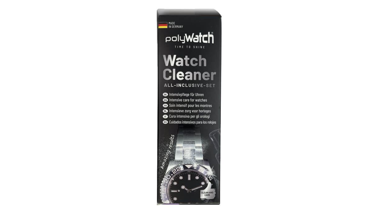 polyWatch Watch Cleaner, Set mit Reinigungsspray und 2 Poliertüchern, Verkaufsdisplay