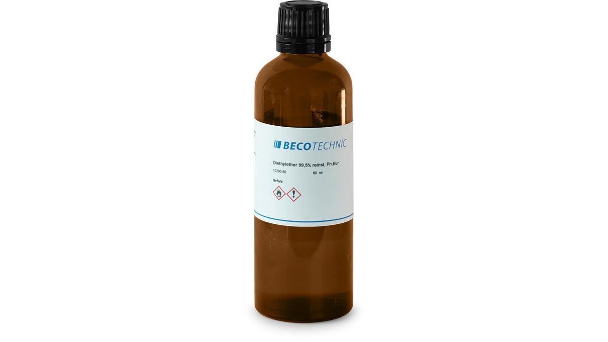 Diethylether 99,5% zuiver, Ph.Eur., glazen flesje met druppeldop, 60 ml