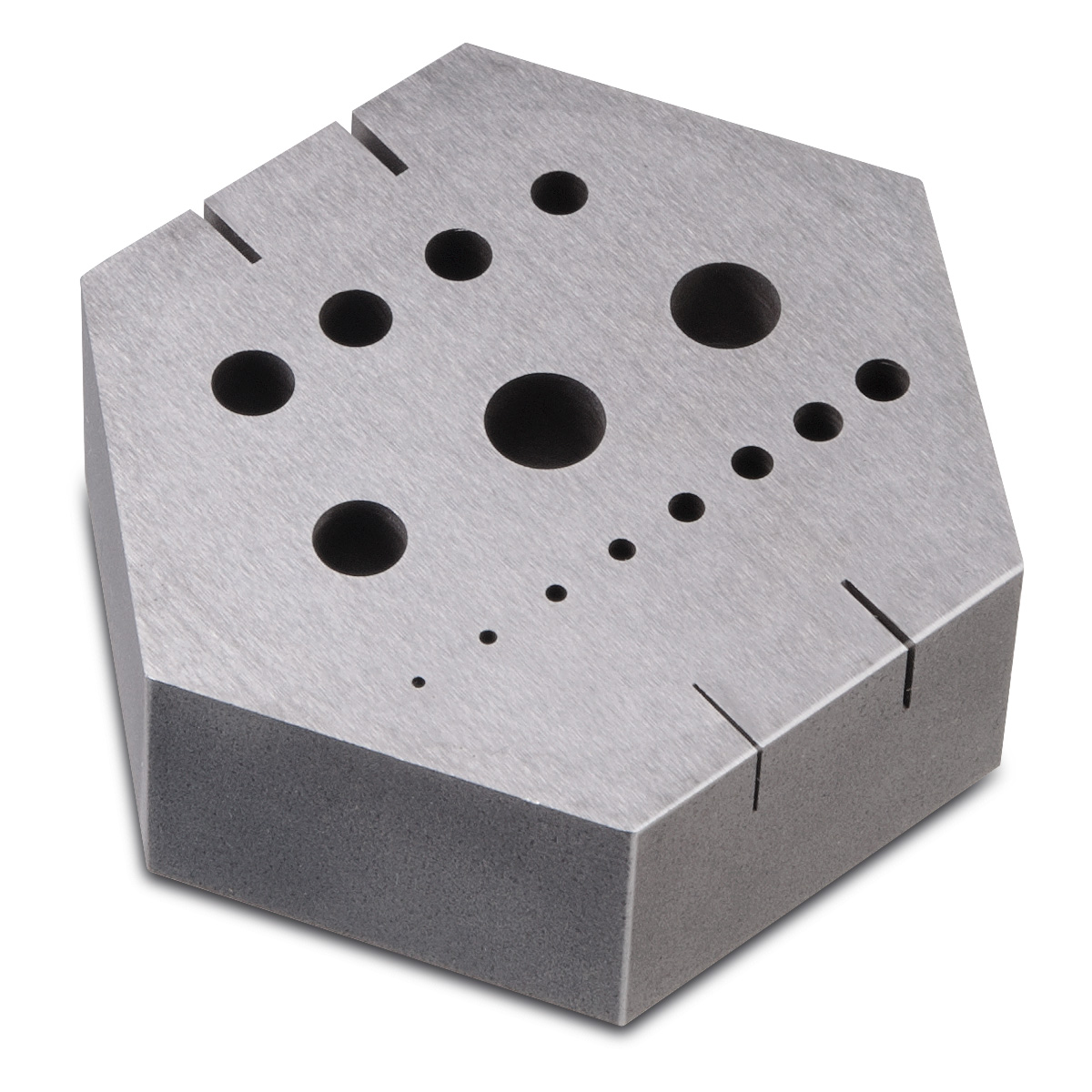 Rivet anvil made of steel, hexagonal, with 15 holes, 4 incisions