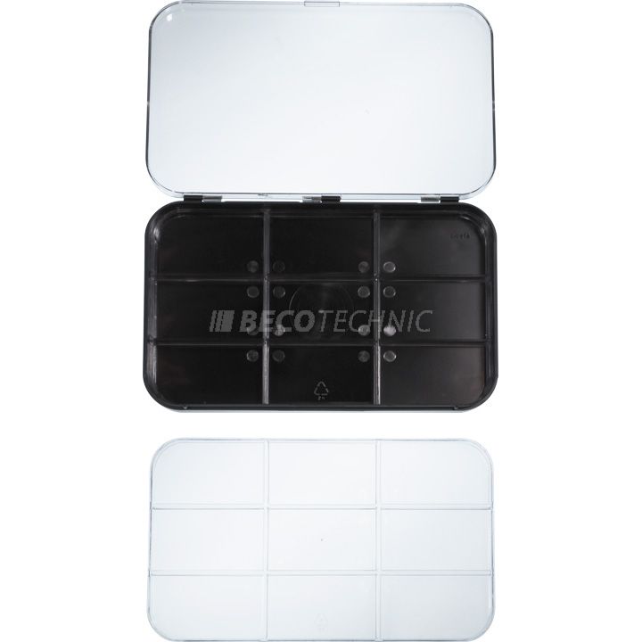 Plastic box with 2 trays and 9 cases
