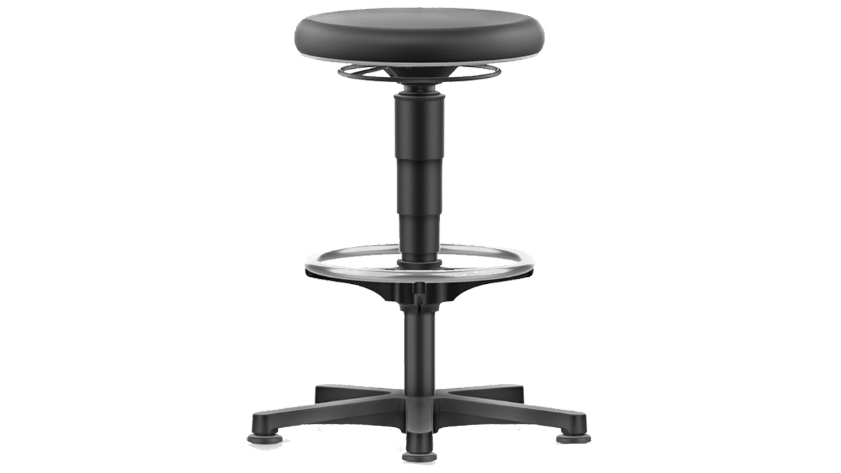 Bimos Stool 9460, seat height 56 - 83 cm, comfort upholstery integral foam black, black frame, plastic
base, with glides and foot ring