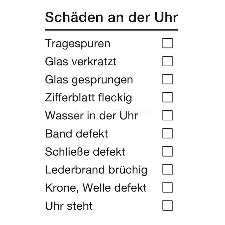 Stempelautomat selbstfärbend 'Schäden an der Uhr', Stempelfläche 60 x 40 mm