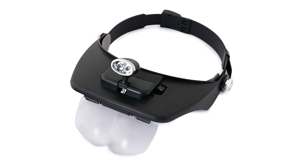 Hoofdbandloep, LED-verlichting, 4 lenzen 1,2x, 1,8x, 2,5x, 3,5x, incl. 2 AAA-batterijen