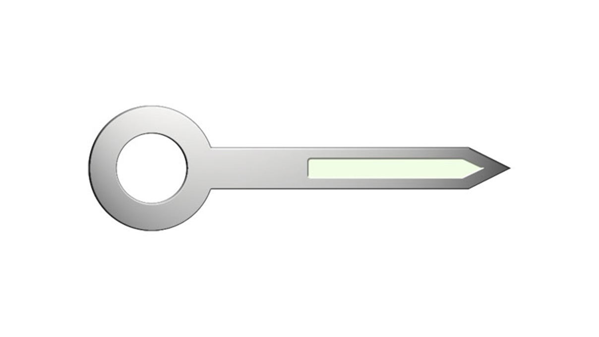 Hour hand, radium, nickel-coloured, hole Ø 1,5 mm, length 10 mm