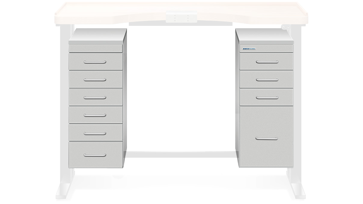 Drawers add-on, silk gray, 6 drawers on the left, 3 drawers plus one high drawer on the right, optional equipment
for Ergolift Evolution