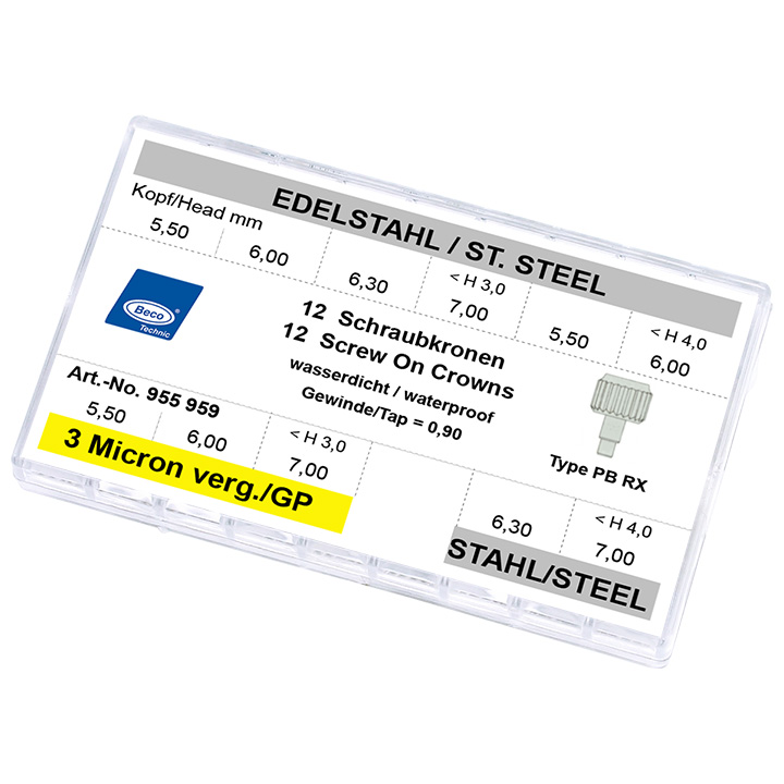 Sortiment à 11 Schraubkronen mit Tube und Dichtungen PB, je 6 Stück Edelstahl Ø 5,5-7,0, 3 Micron gelb verg. Ø 5,5-7,0, Gewinde 0,90, 4,5 x 0,35