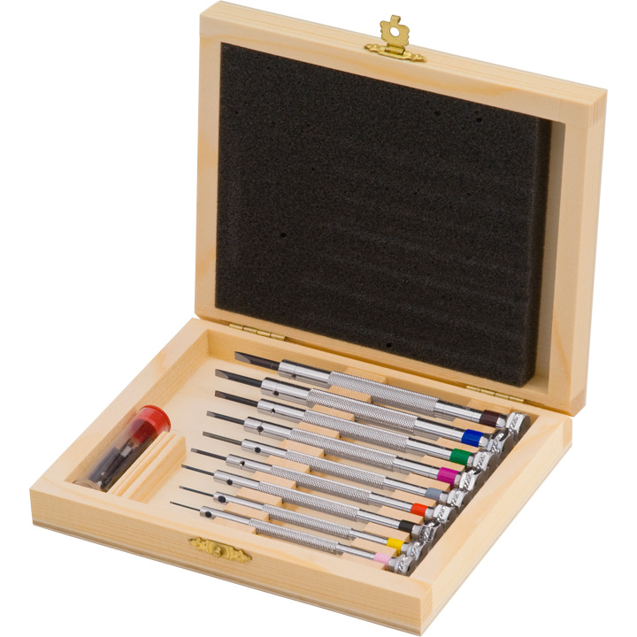 9 screwdrivers, 0,6 - 3,0 mm, wooden box, with spare blades