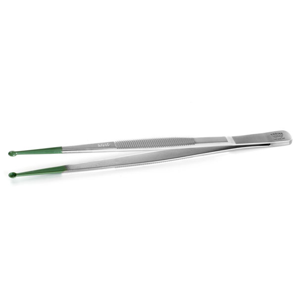 Tweezers, serrated grips, with special shaped cup ends coated with PTFE for  protection, length 145 mm