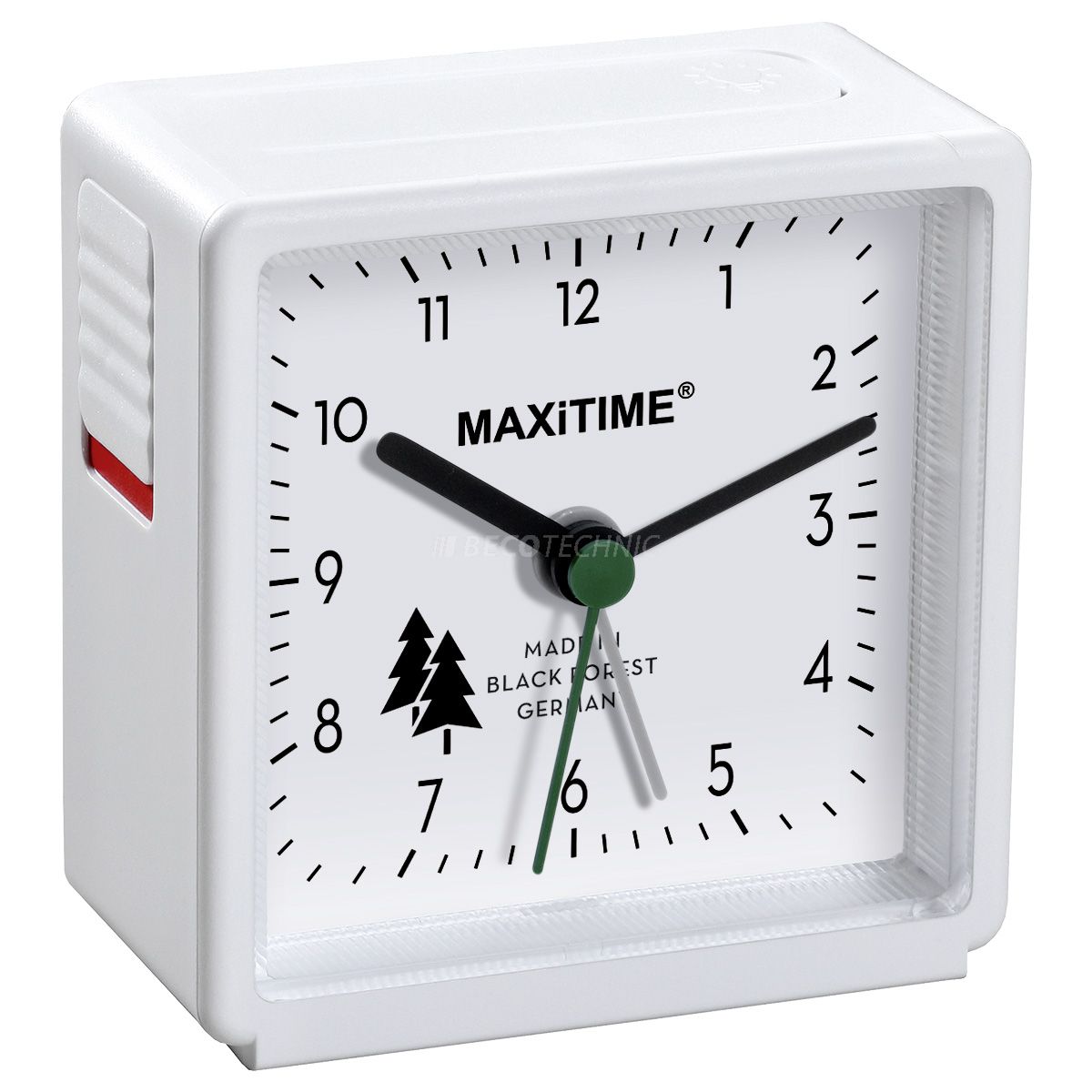 Maxitime quartz wekker met licht en sluimerknop, witte kast, witte wijzerplaat, made in the black forest