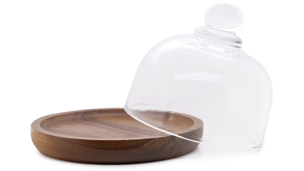 Glass dust cover with wooden base, Ø 105 x 95 mm