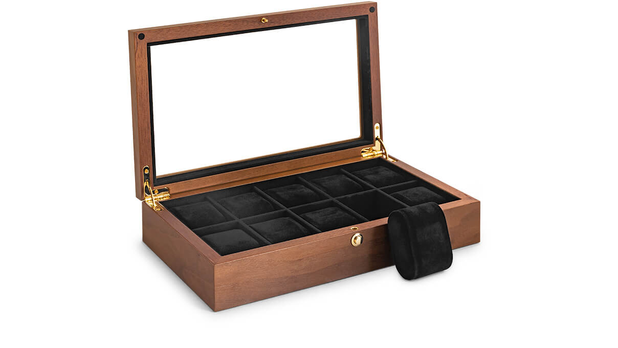 Watch collector box for 10 watches, walnut, matt, with window