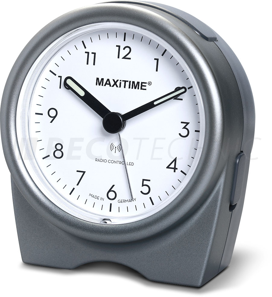 Maxitime radio controlled alarm clock with snooze, crescendo alarm, light, 2 hands, titan housing with stand