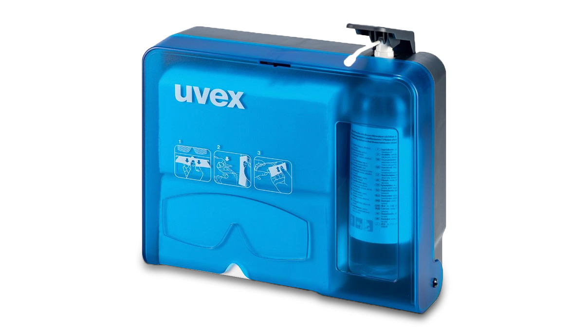 Brillenreinigungsstation inkl. Reinigungsflüssigkeit und Papiertücher, zur Wandmontage