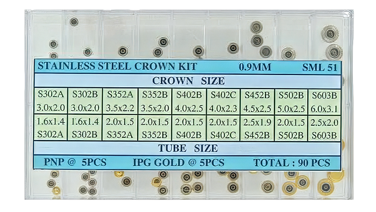 Assortment 90 crowns WP stainless steel PNP & yellow GP tap 0,9 mm