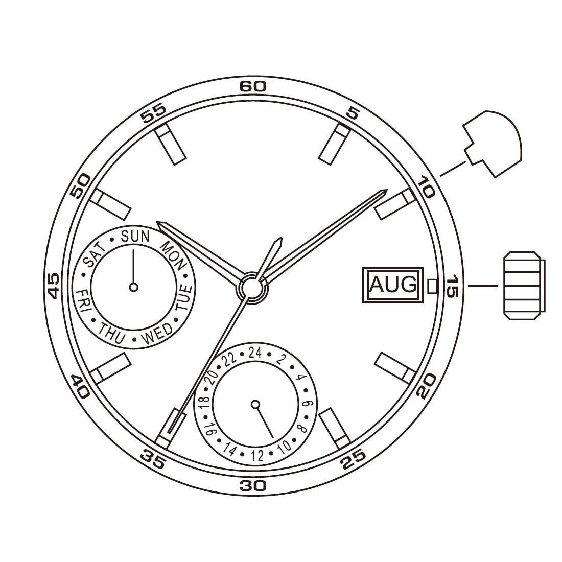 AU-Werk Miyota 6P88 10 1/2''' DAY3 SC 2EYES MONTH 24H CHR Quarz (364 | SR621SW)