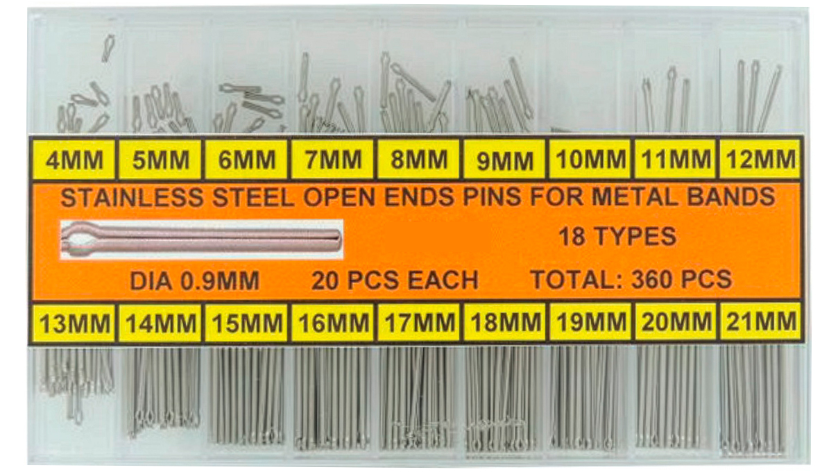 Assortment of Open End Pins, stainless steel, 18 types, Ø 0,9 mm, length 4 -210 mm, 360 pieces
