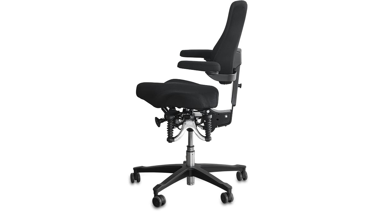 Bioswing OneUP Arbeitsstuhl mit Sattelsitz, Höhe 42 - 52 cm, 180° Armlehnen, weichen Rollen