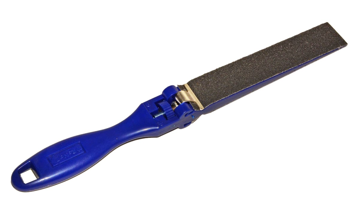 Schnellspann-Schmirgelfeile mit austauschbarem Schmirgelstreifen, flach, aus blauem Kunststoff, Länge 270 mm
