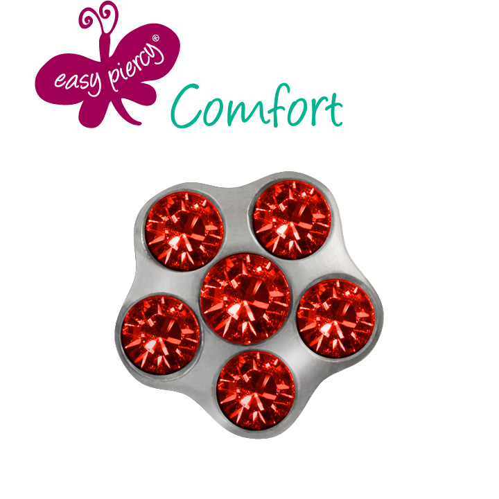 1 Pair Easy Piercy Comfort ear studs Flower Ø 5,0 mm, white, Ruby/Ruby imitation