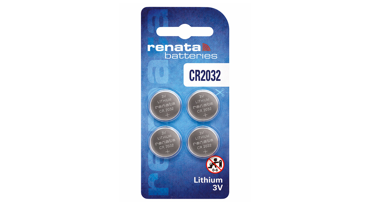 Renata CR2032 Lithium coin cell battery, 3 V, non‑rechargeable, blister pack of 4