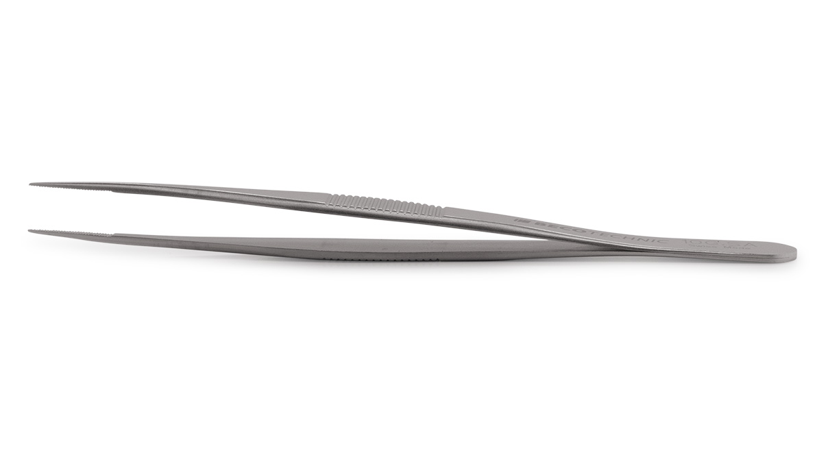 Tweezers with serrated grips, fine tips with cut, length 110 mm