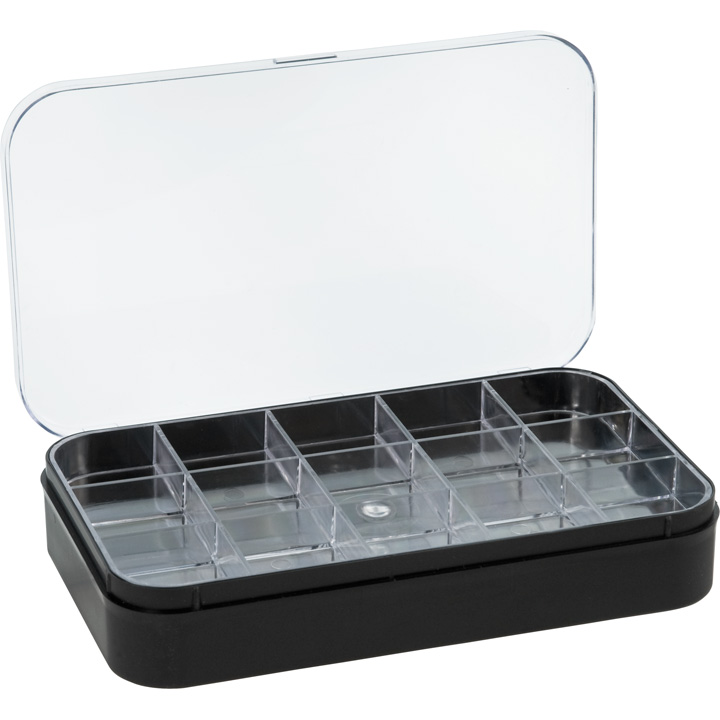 Plastic box with 2 trays and 15 cases