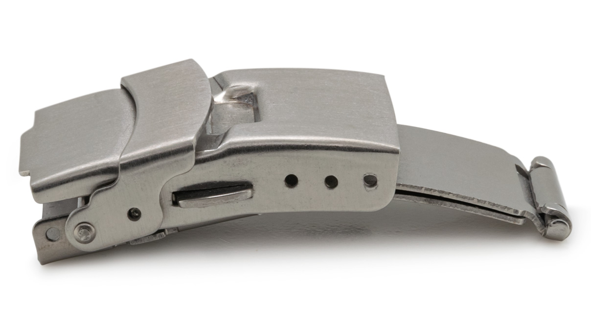Faltschließe für Metallbänder, Anstoß/Breite: 22 mm, 22 mm, 2 Drücker, Sicherheitsbügel, Satiniert, Silberfarben, Edelstahl