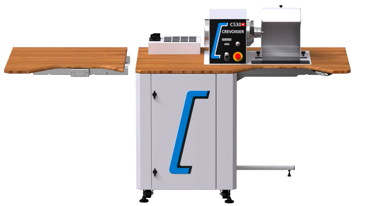 Plateau d’extension pour la Crevoisier C530 Jewellery Making Station SLINE2, avec découpe pour le cuir de
cheville et supports polyvalents pour outils tels que BenchMate ou cheville d'établi