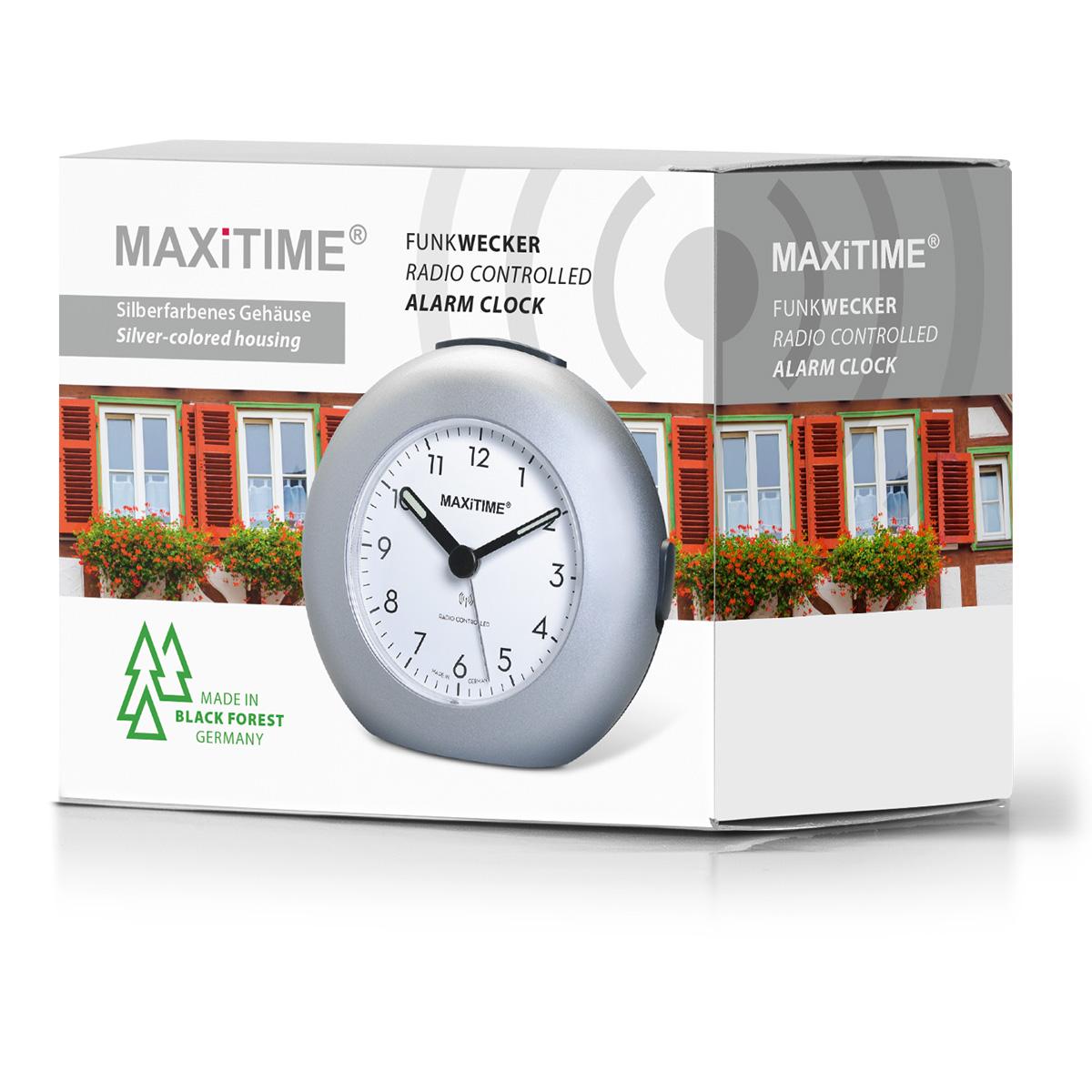 Maxitime radio controlled alarm clock with snooze, crescendo alarm, light, 2 hands, round silver housing