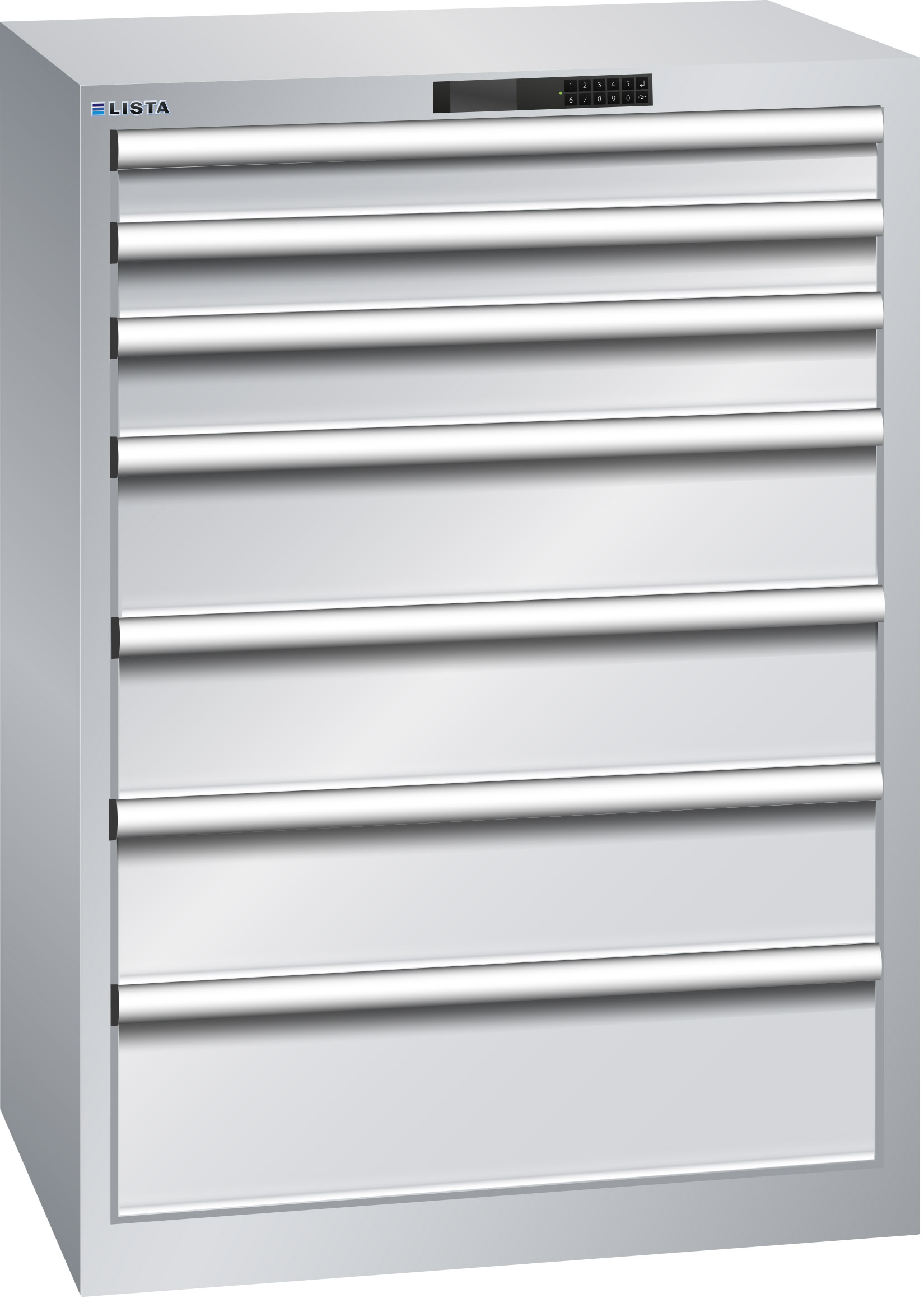 Lista armario de cajones 36 x 27 E, 10 cajones, gris luminoso, Code Lock, altura 850 mm