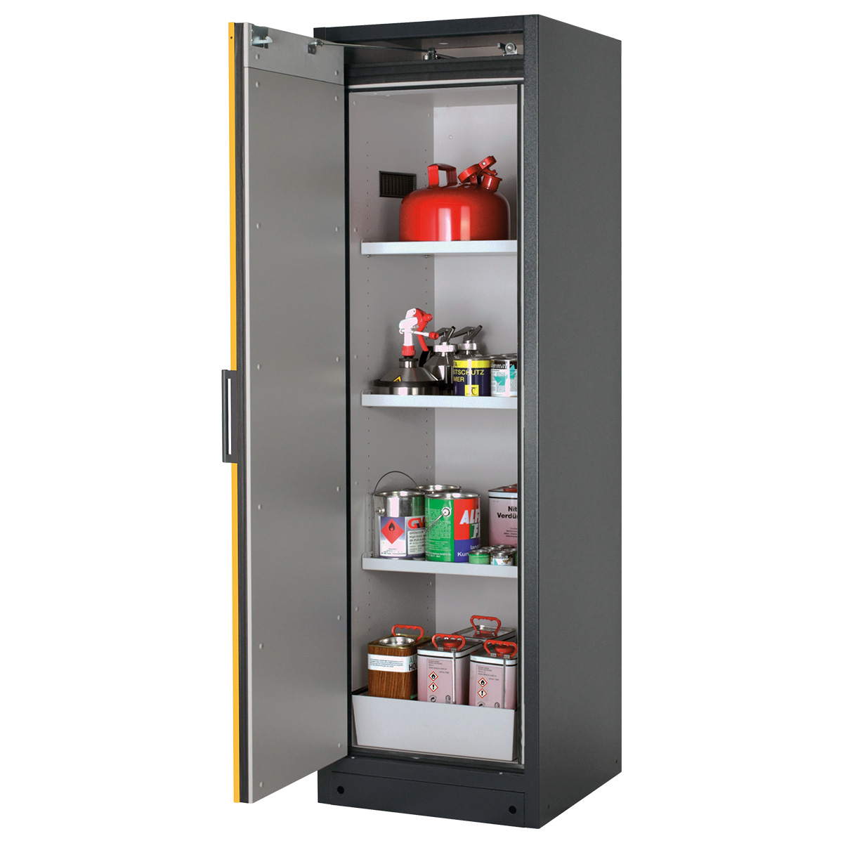Sicherheitsschrank Typ 90 mit Schließautomatik, Anthrazit/Gelb, Breite 59,9 cm, 1 Flügeltür, 3 Fachböden, 1
Lochblech, 1 Bodenauffangwanne