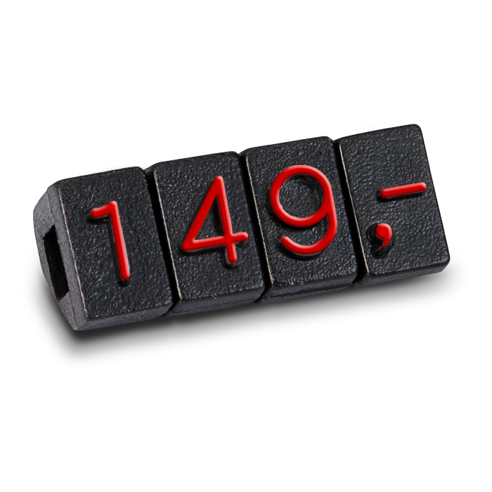Price tag printed with: "90", Black, Red, 10 pieces, End piece