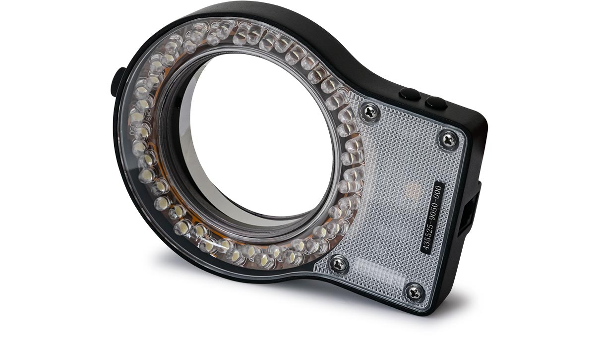 Ringlicht K LED segmenteerbaar, 48 LED's in 2 rijen, 4 modi: volledige, halve, kwart cirkel of 2 tegenover elkaar
liggende kwart cirkels, Ø 66 mm