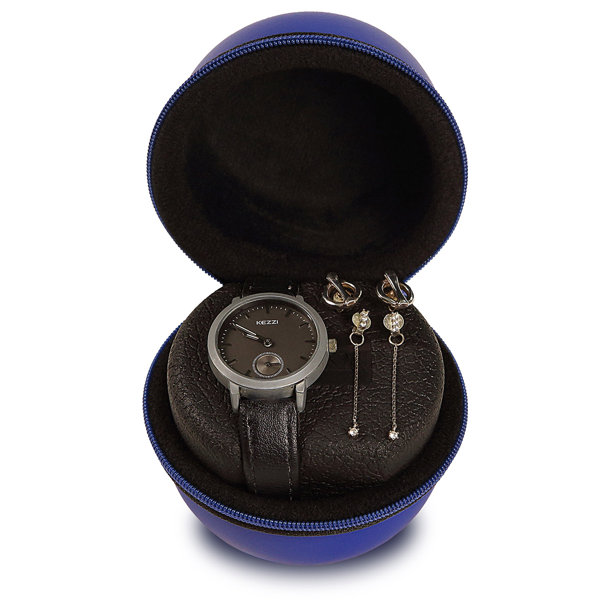 Boxy Watch Box, leather imitation, blue, round