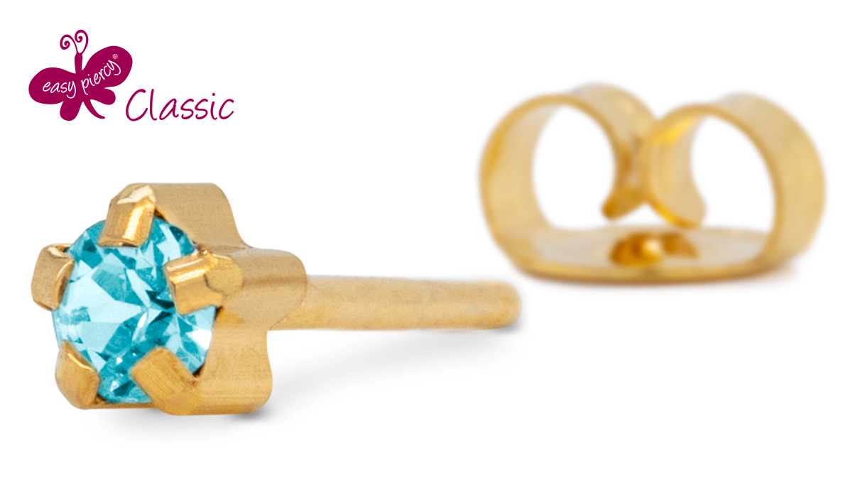 1 pair ear studs Easy Piercy Classic, gold plated, clawset, aquamarine imitation