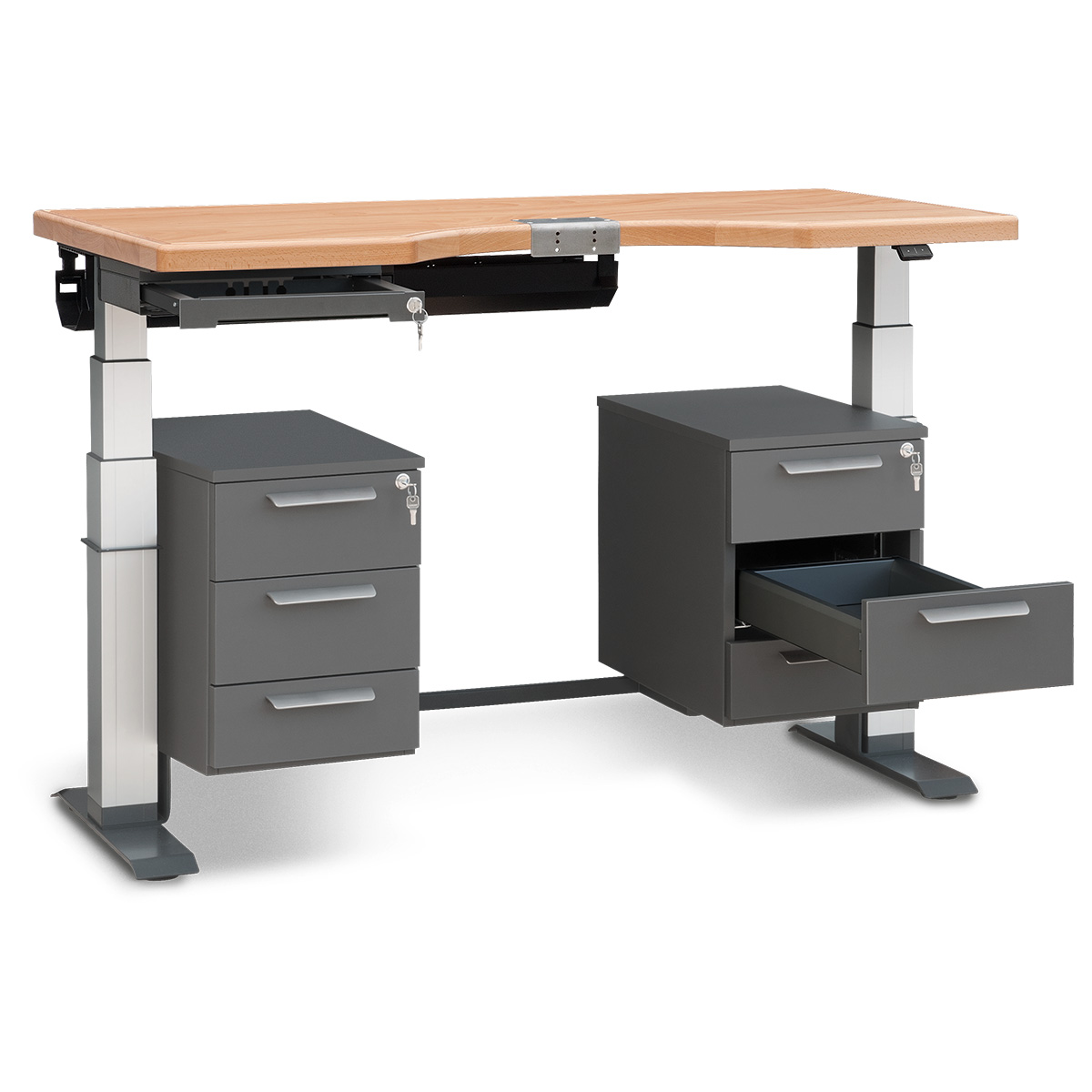 Werktafel Ergolift Signature voor goudsmeden en steenzetters, massief beuken, werkblad 140 x 60 x 3,8 cm, met
elektrische hoogteverstelling
