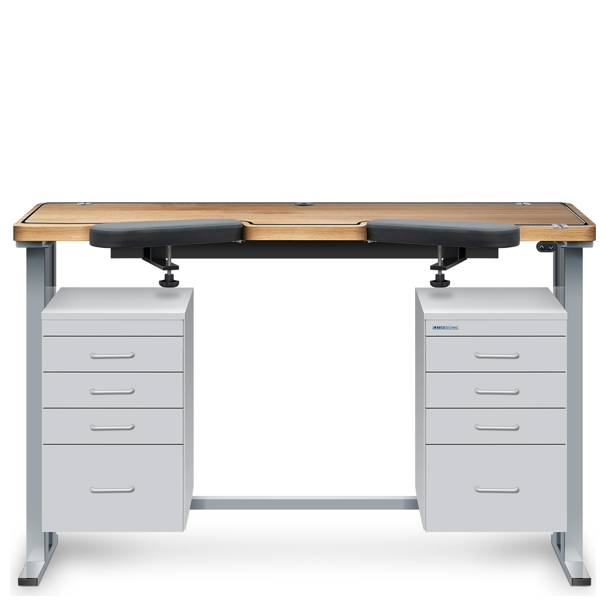 Workbench Ergolift Evolution, bench top oak, 140 x 60 x 4 cm, drawers silk gray