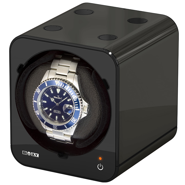 Boxy Fancy Brick watch winder, black, with adapter