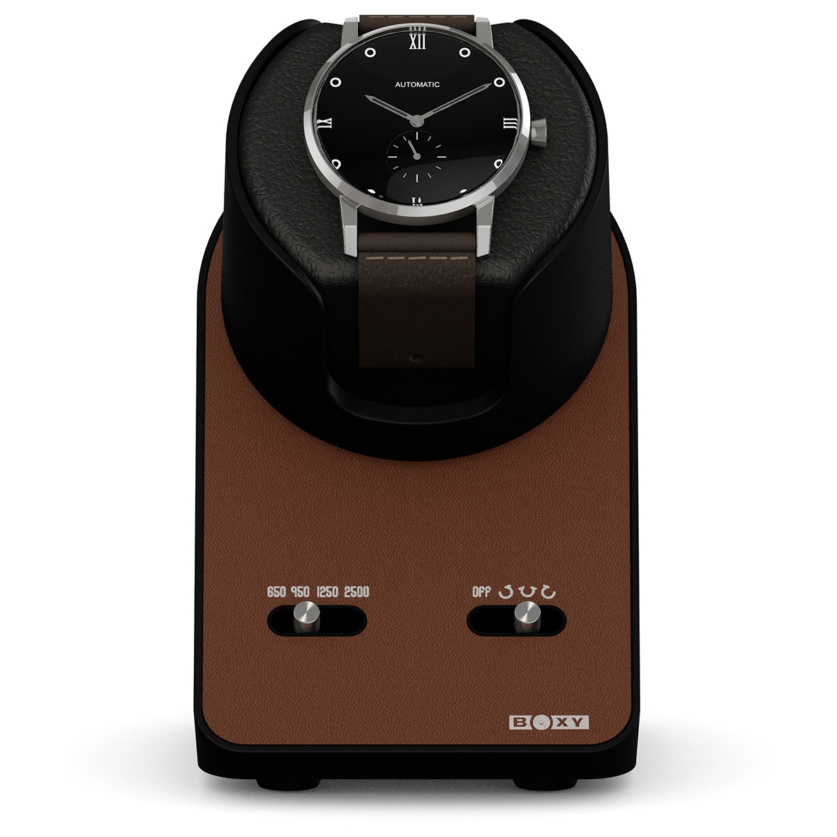 Boxy BLDC Nightstand EXT, watch winder for 1 watch, imitation leather brown, with USB charging cable