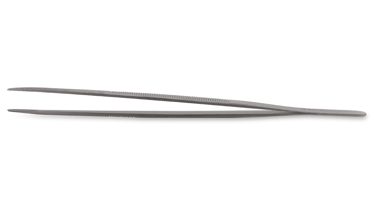 Tweezers with serrated grips, large tips with cut and groove, length 160 mm