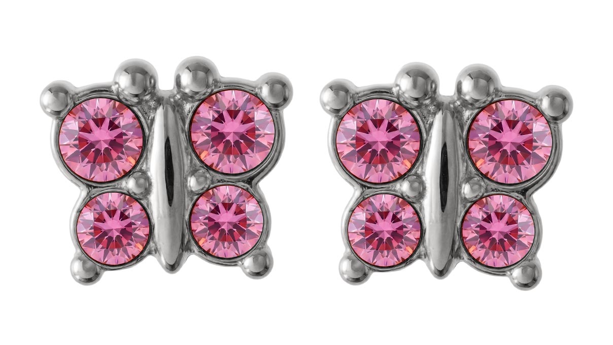 QPP pendientes K13, mariposa, cristal rosa, inox blanco, 1 par