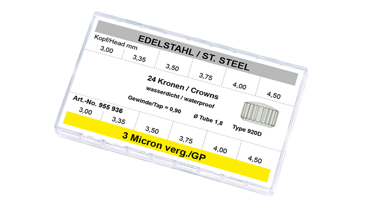 Assortment 24 crowns 920 D, WP, st. steel and 3 µm YG, Ø 3 - 4,5 mm, tap 0,9 mm, tube 1,8 mm, short