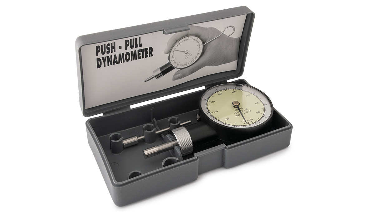 Dynamometer FDN 10, 10 N x 0,1 N, analog display, including traction hook and 2 end fittings