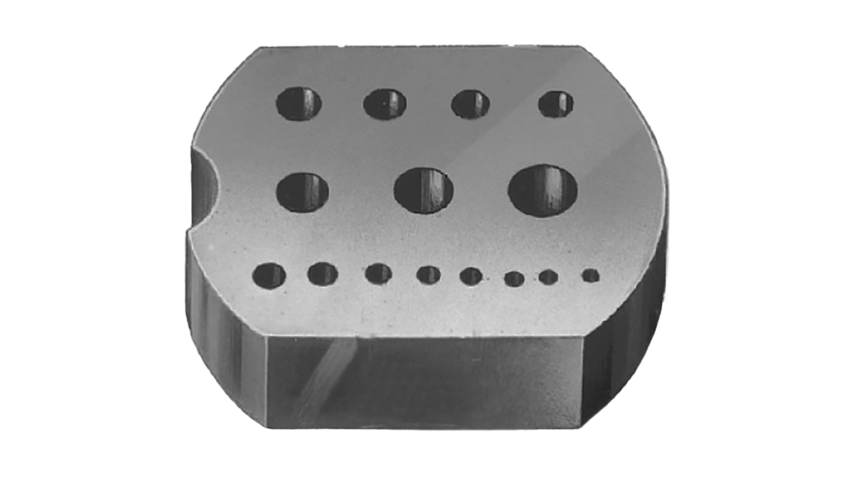 Riveting stake in steel with 15 holes Ø 2 - 8,60 mm, size: 65 x 45 x 20 mm