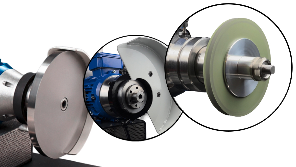 Micromecalp X550 EVO Schleif- und Lapidiermaschine mit Bandschleifsystem und Universalwelle zum Wechsel zwischen Scheiben
und Stangen, inkl. 240 mm Scheibe und 80 SH Rolle, 230 V