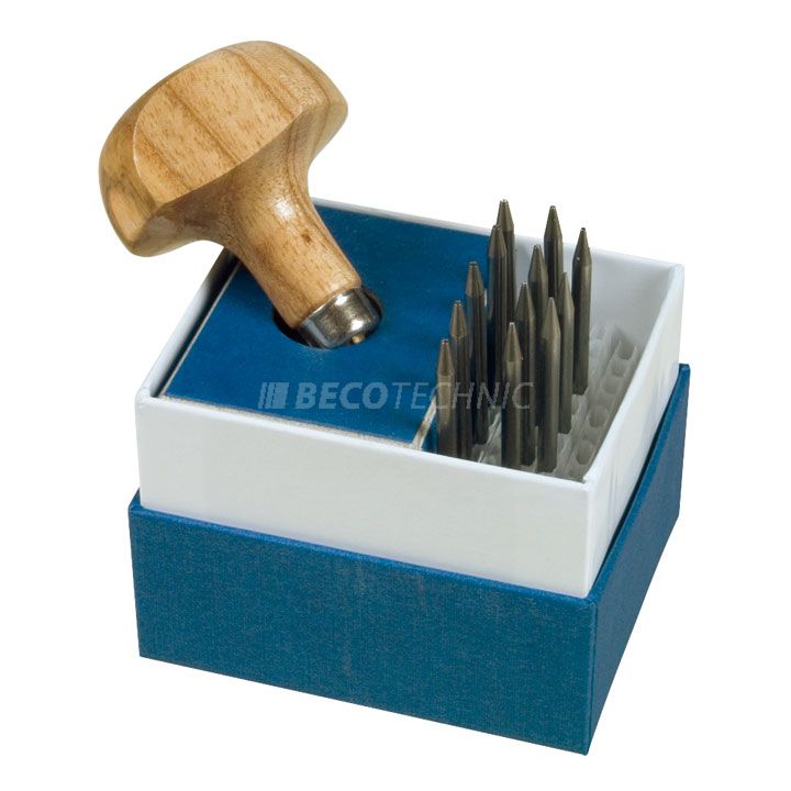 Assortment of 12 beading tools, Ø 0,47 - 1,15 mm, with wooden handle