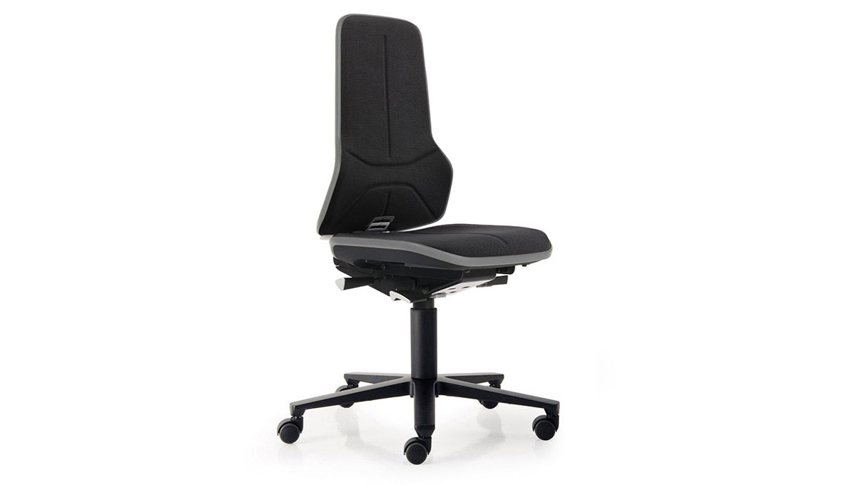 Bimos Neon werkstoel 9563 ESD, zithoogte 45 - 62 cm, permanentcontactrugleuning, zwart frame, zachte
wielen voor harde vloeren, zonder gestoffeerd element