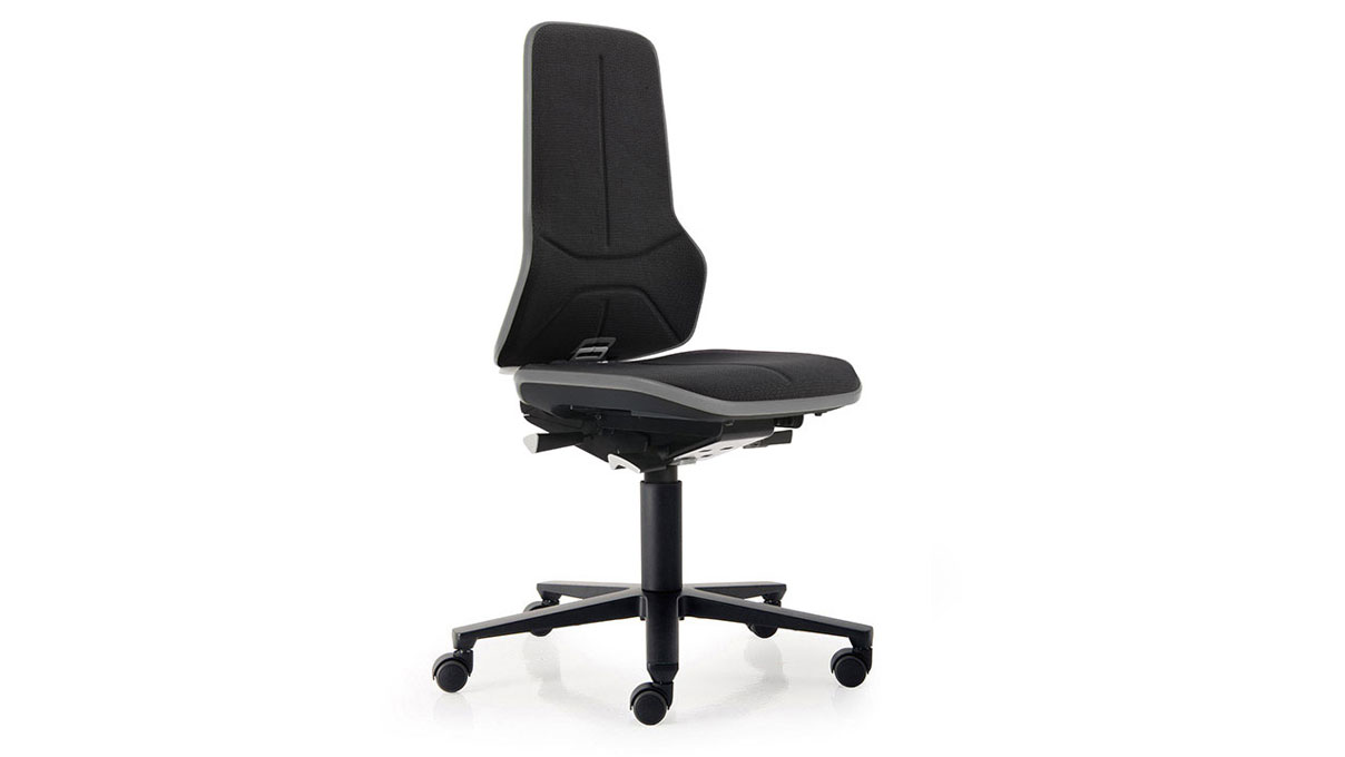 Bimos Neon werkstoel 9573 ESD, zithoogte 45 - 62 cm, synchrone technologie, zwart frame, zachte wielen
voor harde vloeren, zonder gestoffeerd element