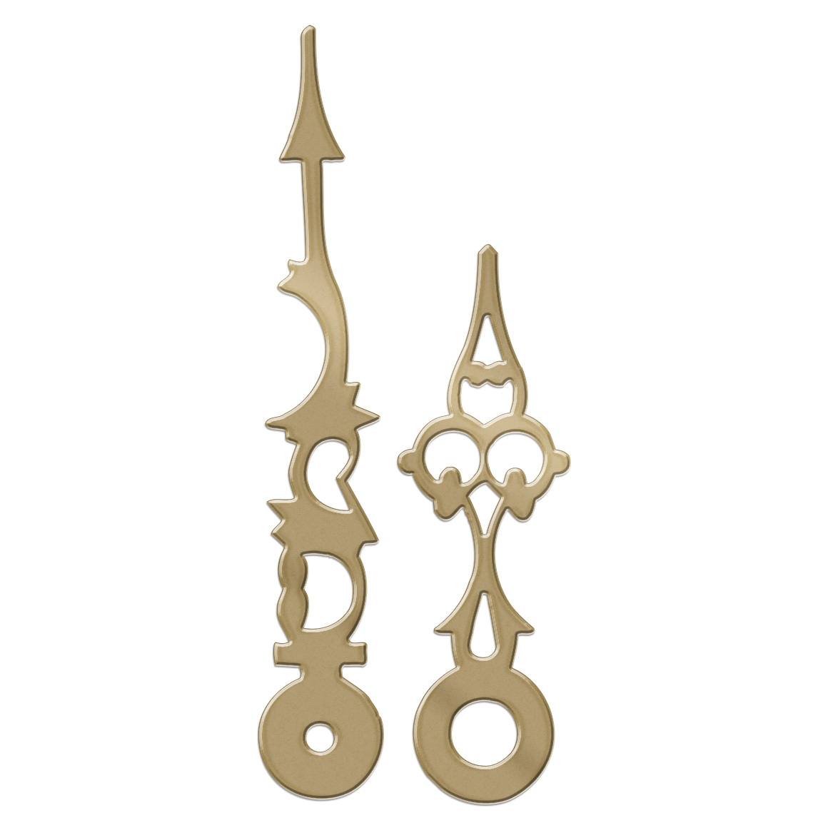 Par de agujas para relojes grande, forma
antigua, longitud 76 mm, aluminio, dorado